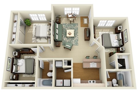 Floor plan for 3 beds, 2 baths, 1103 sqft